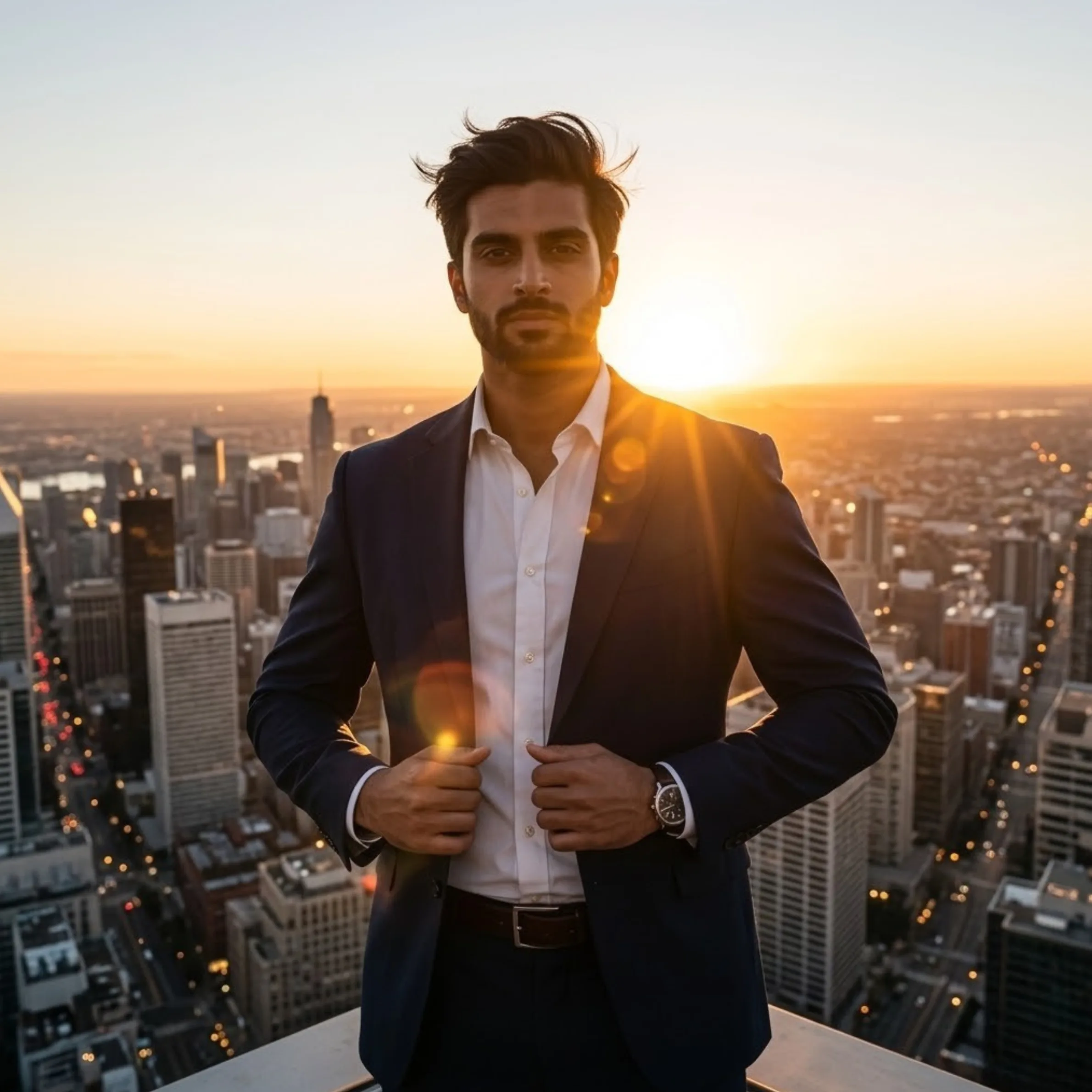 Prompt 2 rooftop-at-golden-hour masculine city portrait look